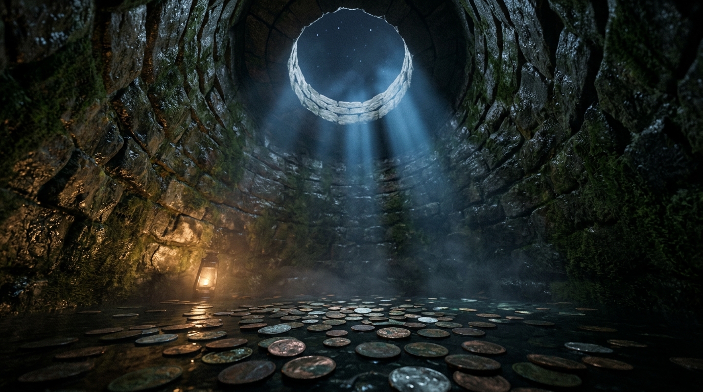 Bottom of an old stone wishing well, coins glinting in shallow water under moonlight